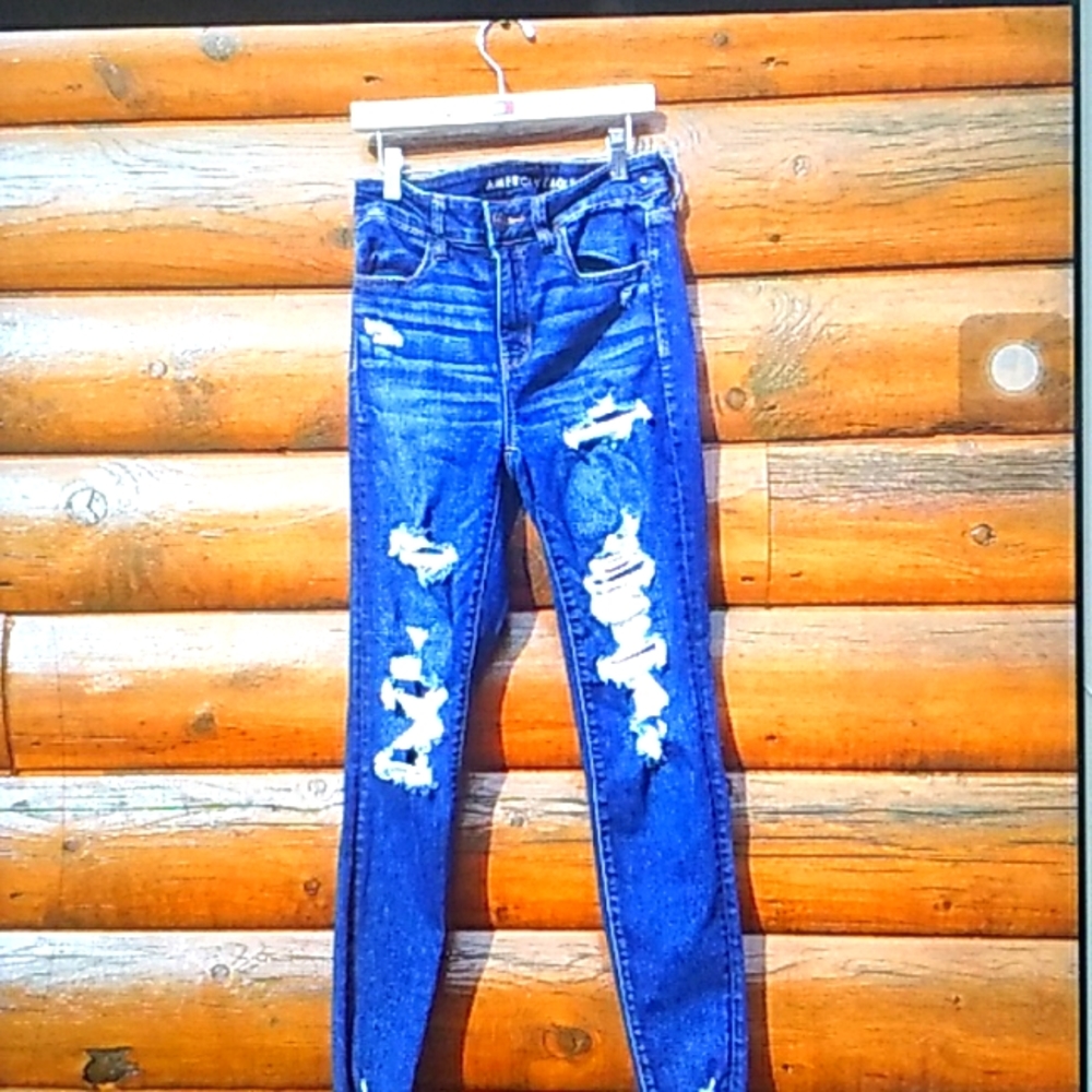 🦅 American Eagle 8  Hi Rise Jegging Jeans Blue Distressed Next Level STRETCH